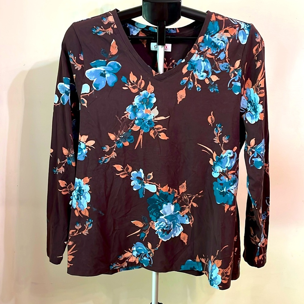NWOT Denim & Company Brown Floral Long Sleeve Shirt